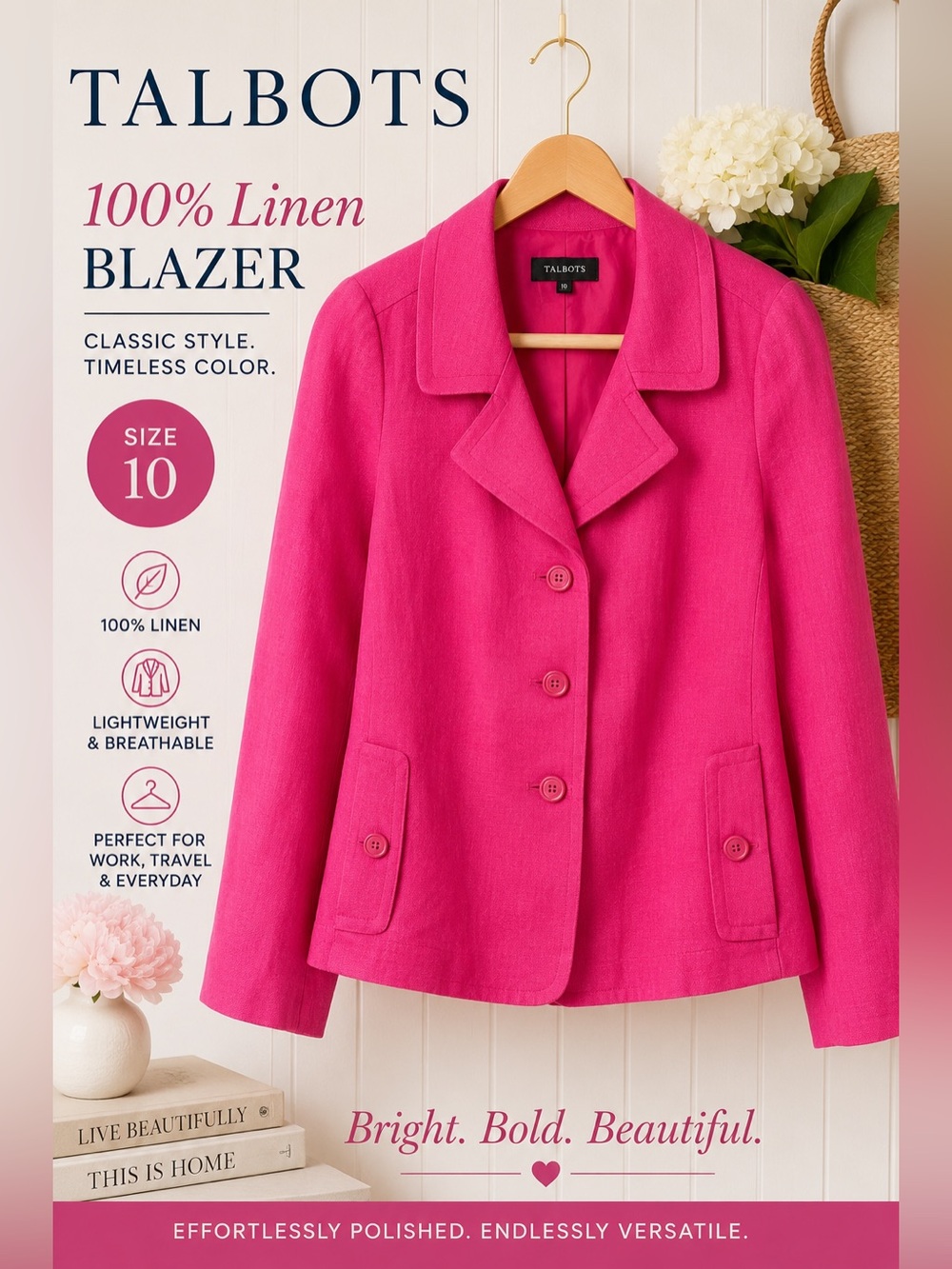 Talbots Hot Pink 100% Linen Blazer Jacket Size 10